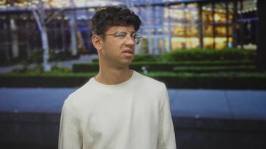 Genç adam tel çerçeveli gözlük takıyor, şaşı bakıyor ve neon ışıkları altında şehir sokağında başını eğiyor; belirsizlik.