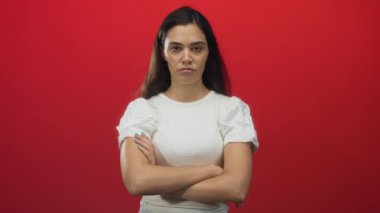 Stüdyoda çıplak kollarını gösteren kolları katlanmış bir kadın dik dik dik bakıyor, reddedilme reddedilme reddedilme reddediliyor..