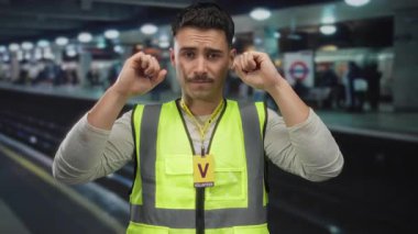 Yansıtıcı yelek giyen İspanyol bir adam, kapalı bir tren istasyonunda gönüllü olarak görev yapıyor..