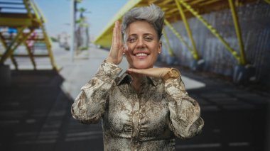 Kadın çerçeveleri, sarı iskele yanında güneşli şehir caddesinde elleri ile yüzünü çerçeveler; güven güçlendirme.