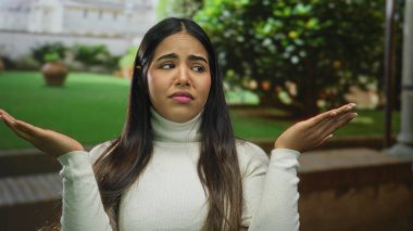 Dışarda, Sidikli Kule 'nin yanında kafası karışmış, yeşil arka planda beyaz bir kazak giyen bir kadın..