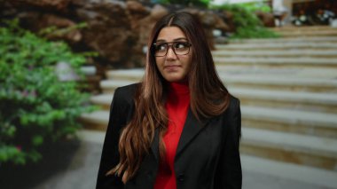 Kırmızı kazaklı, siyah ceketli, dışarıda gözlüklü bir kadın. Arka planda bulanık bir bahçe var. Adımlarını ve yeşilliklerini gösteriyor.