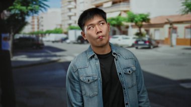 Genç adam bir şehir caddesinde komik bir yüz ifadesi sergiliyor. Arka planda binalar olan bir şehir ortamında mizah ve spontanelik sergiliyor..