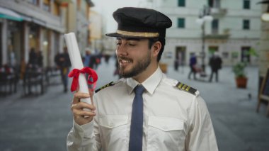 Elinde sertifikası olan pilot üniformalı genç bir adam coşkulu şehir sahnesinin ortasında gülümsüyor ve neşeli bir başarı sergiliyor..