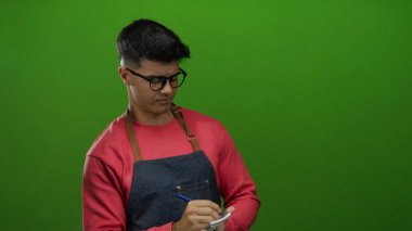 Gözlüklü ve önlüklü genç bir İspanyol, yeşil bir arka plana karşı not alıyor. Profesyonel ve odaklanmış bir garsonun hareket halindeki davranışını yakalıyor..