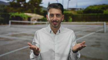 Kısa saçlı bir adam yüzü açık havada ağaçlarla çevrili kil tenis kortunda geniş bir şekilde gülümsüyor. Mutluluk..