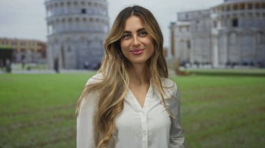 Piazza 'da dişlerini gösteren bir kadın, eğlence seyahati.