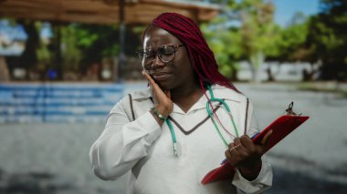 Afrika kökenli Amerikalı bir kadın parkta gözlüklü ve steteskop takmış elinde bir pano, jestlerle ilgili endişelerini dile getiriyor..