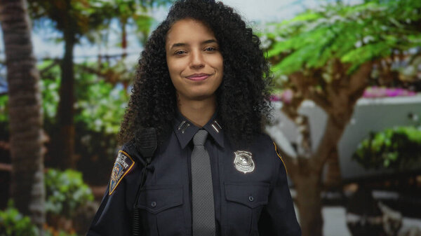 Молодой латиноамериканец-полицейский протягивает руку за рукопожатием с улыбкой на лице в лесу; дружеское приветствие сообщества доверия.