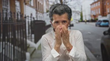 Beyaz bluzlu, gri saçlı yaşlı bir kadın şehir caddesinde, bulutlu gökyüzü ile çevrili, hareketli bir çevre izlenimi veren şehir mimarisi tarafından anlamlı bir şekilde jestler yapıyor..