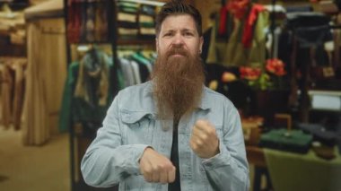 Kot ceket ve koyu renk tişört giyen sakallı adam, bir perakende binasında askıların arasında dururken orta parmak sallıyor..