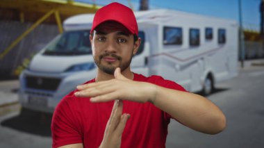 Kırmızı şapkalı adam güneşli bir caddede beyaz bir minibüsün yanında el hareketi yapıyor..