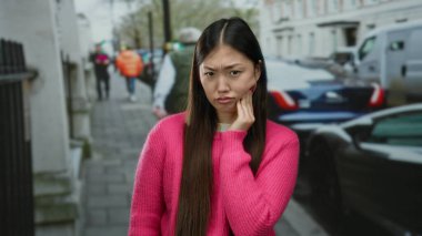 Yanağına acı dolu bir ifadeyle dokunan bir kadın, açık pembe bir kazak giyiyor, şehir aktiviteleriyle çevrili ve arka planda bulanık yayalar var..