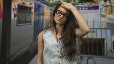 Güneşli tren istasyonunda gözlüklü İspanyol kadın tren vagonuna yaklaşırken kollarını kavuşturdu; reddedildi..