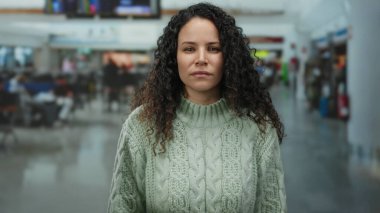 Havaalanı terminalinde durmuş kıvırcık saçlı kazak giyen ve yoğun arka planda seyahat atmosferini gösteren ciddi görünümlü bir kadın..