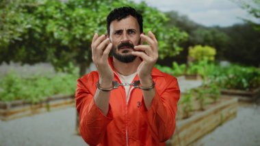 Ağaçlarla çevrili yeşil bir parkta elleri kelepçeli turuncu tulumlu İspanyol bir adam..