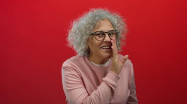 Katı kırmızı arka planda, pembe kazak ve gözlük takmış, kıvırcık gri saçlarını ve neşeli ifadesini vurgulayan neşeli bir kadın fısıldıyor..