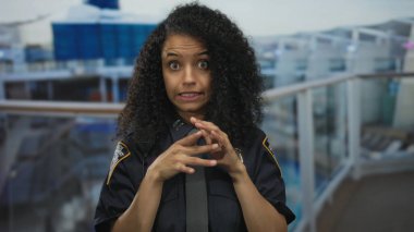 İspanyol kadın polis memuru bir yolcu gemisinde açık deniz manzarasına bakıyor, üniformalı, düşünceli bir ifadeyle güvertede yakalandı..