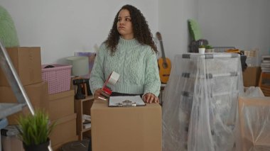 Oturma odasında kutular ve mobilyalarla çevrili yeni bir evde erzak taşıyan bir kadın yeni bir hayata başladığını gösteriyor..
