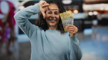Avustralya dolarlarını alışveriş merkezinin içinde elinde tutan bir kadın kapalı alanda para gösteriyor orta yaşlı mutlu bir perakende satış ortamı.