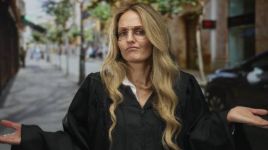 Kadın saçlara dokunuyor, sokakta kafası karışmış bir şekilde genç sarışın bir yargıcın yanında üniformalı bir şekilde şehir sahnesinde dikiliyor..