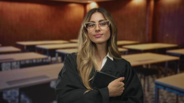 Üniversite sınıfında siyah cübbe giyen ve gözlük takan kadın yargıç el hareketleriyle kitabı göğsünden göğsüne tutuyor; otorite eğitimi profesyonelliği.