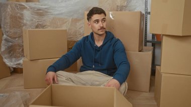 Genç İspanyol bir adam yeni bir apartman dairesinde karton kutuların arasında oturmuş rahatlamış kollarını uzatıyor..