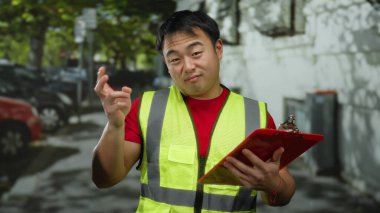 Şehir caddesinde elinde bir pano tutan, şehir ortamında kendinden emin ve profesyonel görünen, açık hava iş ortamı sunan, yüksek görüşlü bir adam..