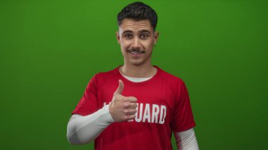 Cankurtaran tişörtlü İspanyol genç adam yeşil duvara başparmak işareti veriyor. Güvenlik rolünde pozitiflik ve profesyonelliği aktarıyor..