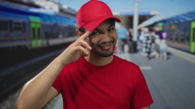 Bulanık tren rayları ile güneşli sokak istasyonunda kırmızı şapkalı bir adam selamlıyor; dostça selamlama ve saygı.