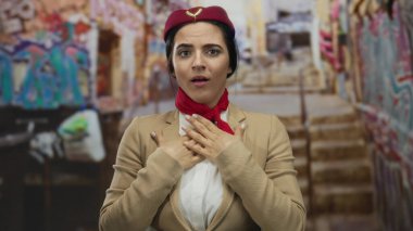 Üniformalı İspanyol kadın uçuş görevlisi şehir sokaklarında endişeli görünüyor..