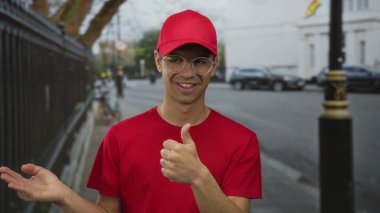 Kırmızı tişörtlü ve şapkalı bir adam bir şehir caddesinde elini açık gösteriyor; dostça bir bağlantı daveti.
