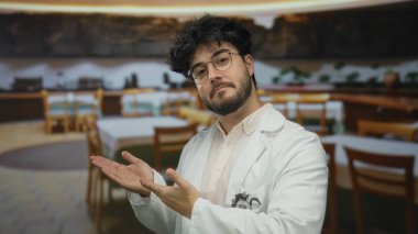 Lokantada beyaz önlüklü ve gözlüklü genç sakallı İspanyol adam misafirperverliği ya da içeride yemek pişirme kavramını vurguladı.