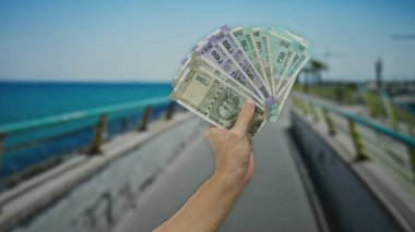 Arka planda mavi okyanus olan deniz kenarındaki gezinti için elinde Hint rupisi banknotları tutan adam, açık hava ortamında finansal temaları resmediyor..