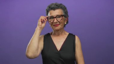 Siyah elbiseli, gri saçlı ve gözlüklü kendinden emin yaşlı bir kadın canlı mor bir arka plana gülümsüyor, zarafet ve neşeli davranışlar sergiliyor..