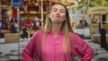 Pembe tişörtlü kadın güneşli bir günde arka planda bulanık bir atlıkarınca ile çevrili açık hava fuarında komik bir yüz ifadesi sergiliyor..