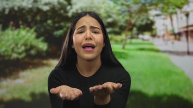 Kadın parkta el pençe dileniyor, genç Latin kökenli yabancılara yalvarıyor yeşil bir havada yardım için hazırlanıyor..