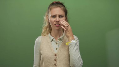 Kadın elini bir stüdyo arkaplanına karşı tiksinerek inceliyor. Sarışın, genç saçları birbirine zıt parmaklar ve burun reaksiyonuyla..