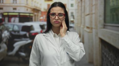 Bilim adamı üniformalı İspanyol kadın sokakta dikiliyor. Diş ağrısı ifadesi dışarıda. Etrafı arabalar ve eski binalarla çevrili..