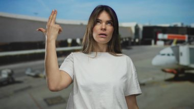 Havaalanının arka planında neşeli bir şekilde el kol hareketi yapan açık havada günlük beyaz gömlek giyen bir kadın kameraya bakarken seyahat ya da şehir merkezinde tatil öneriyor..