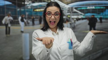 Üniformalı genç İspanyol bilim adamı kadın gülümsüyor ve hareketli bir açık hava havalimanı ortamında davetkar bir şekilde el kol hareketi yapıyor..