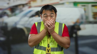 Yansıtıcı yelek giyen genç adam kalabalık bir şehir sokağında şaşkınlığını dile getiriyor..