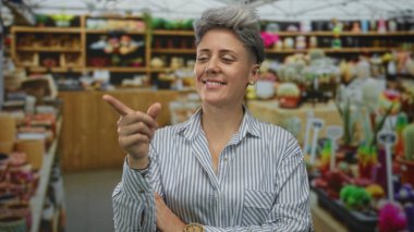 İşlek bir pazarda bir sıra kaktüsü ve sulu bitkileri işaret eden bir kadın..