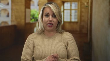 Ağzı açık genç sarışın kadın, eski kasabanın parke taşı sokağında yıpranmış bina pencerelerinin önünde konuşuyor. Düşüncelilik..