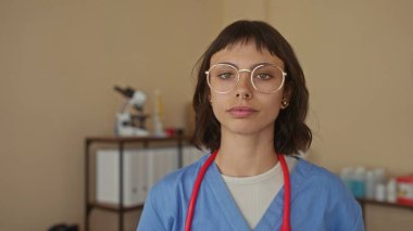 Steteskop ve gözlüklü mavi önlüklü kadın hemşire binada gözlerini kapatıyor; huzur bakımı empatisi.