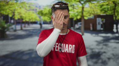 Genç İspanyol cankurtaran şehir caddesinde görünür bir şekilde dalgın, cankurtaran yazılı kırmızı bir tişört giymiş, arka planda ağaçlar olan parlak güneş ışığı altında duruyor..