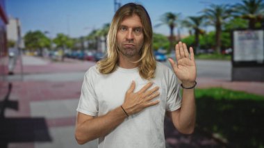 Beyaz tişörtlü, uzun sarı saçlı bir adam bir elini göğsünde tutuyor ve diğer elini güneşli bir sokak sahnesinde kaldırıyor..