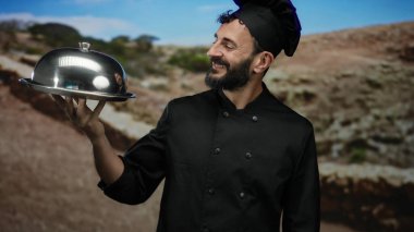 Sakallı İspanyol aşçı tabağı tutuyor, dağ manzarası arka planında güvenle gülümsüyor, açık havada mutfak sunumu yapıyor..