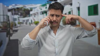 Şehir binaları ve mavi gökyüzü ile çevrili cep telefonuyla konuşurken çılgın jestler yapan İspanyol genç adam mizahi ve şaşkın bir şehir manzarası yaratıyor..