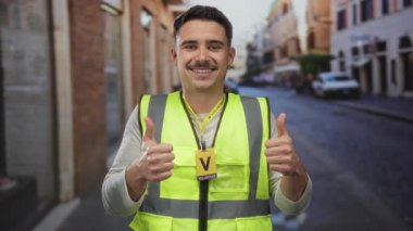 Yansıtıcı yelek giyen genç İspanyol bir adam şehir sokaklarında gönüllü olarak çalışıyor..